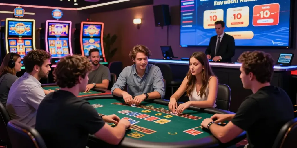 Expérience immersive de casino en ligne sur https://studiobarw.com/ avec des joueurs interagissant avec un croupier en direct.