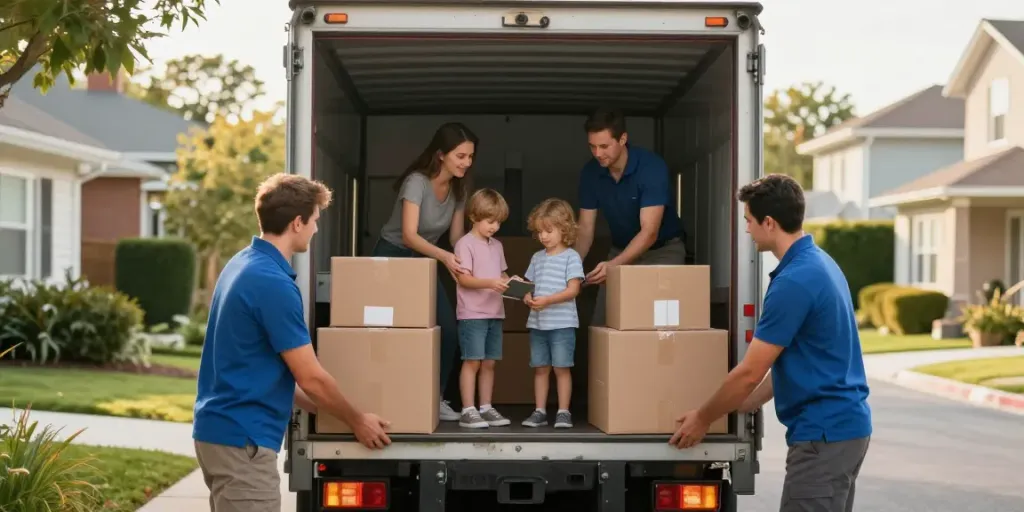 déménageur Lausanne - Équipe de déménageurs professionnels emballant soigneusement les biens d'une famille dans un camion.