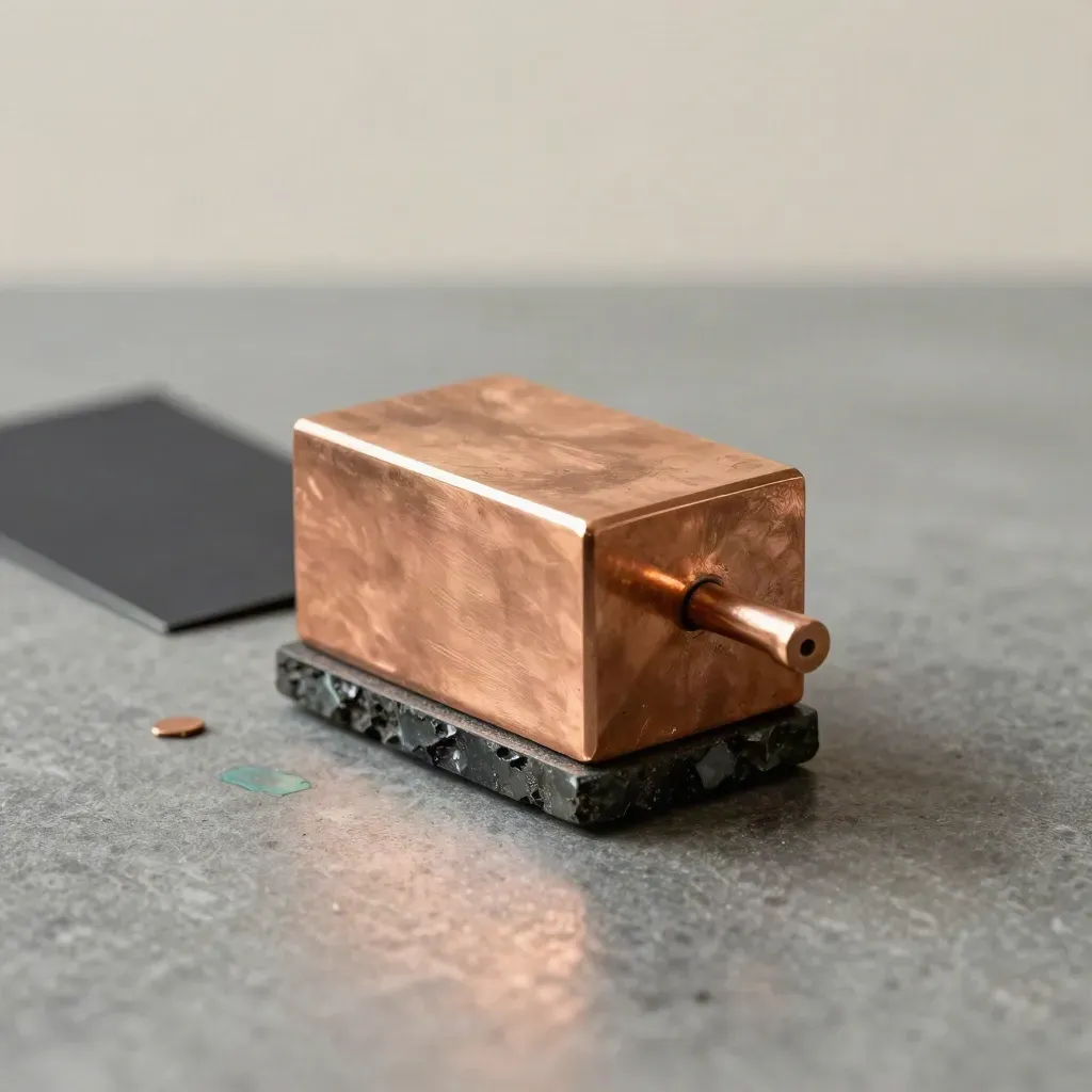 Bloc de cuivre brut sur socle minéral avec chute et trace de patine, lumière rasante.