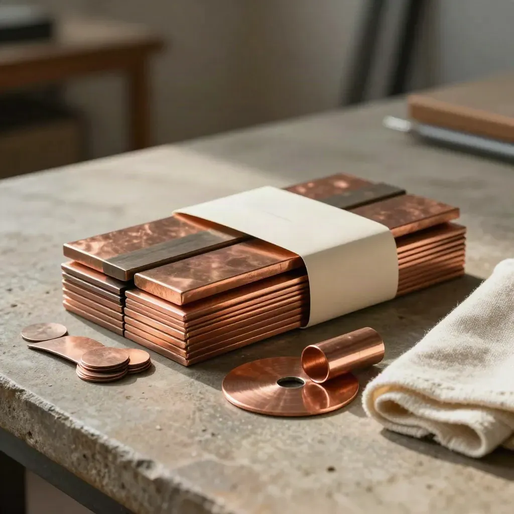 Pack de cuivre brut avec plaques, barres, blanks et chiffon sur pierre chaude.