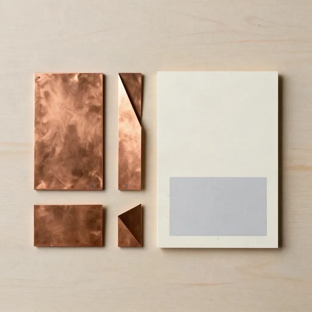 Flatlay de pièces de cuivre découpées sur fond bois clair, avec calque gris et carte ivoire.
