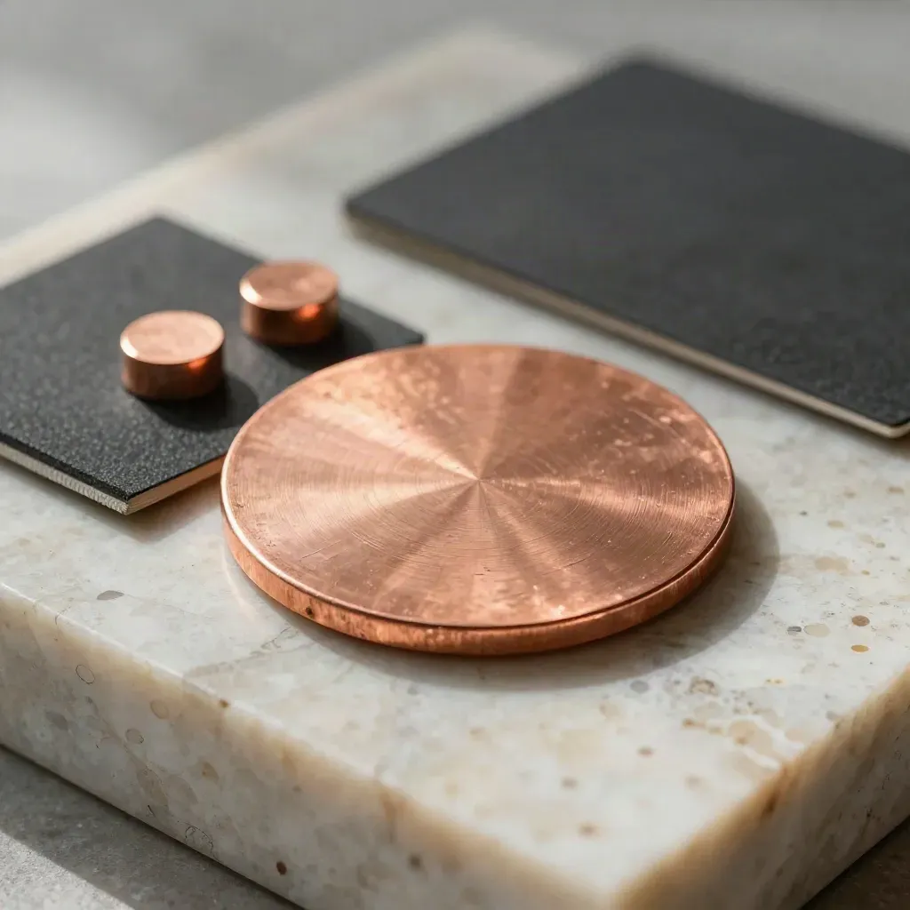 Pastille de cuivre ronde, deux pastilles et une lame abrasive sur travertin.