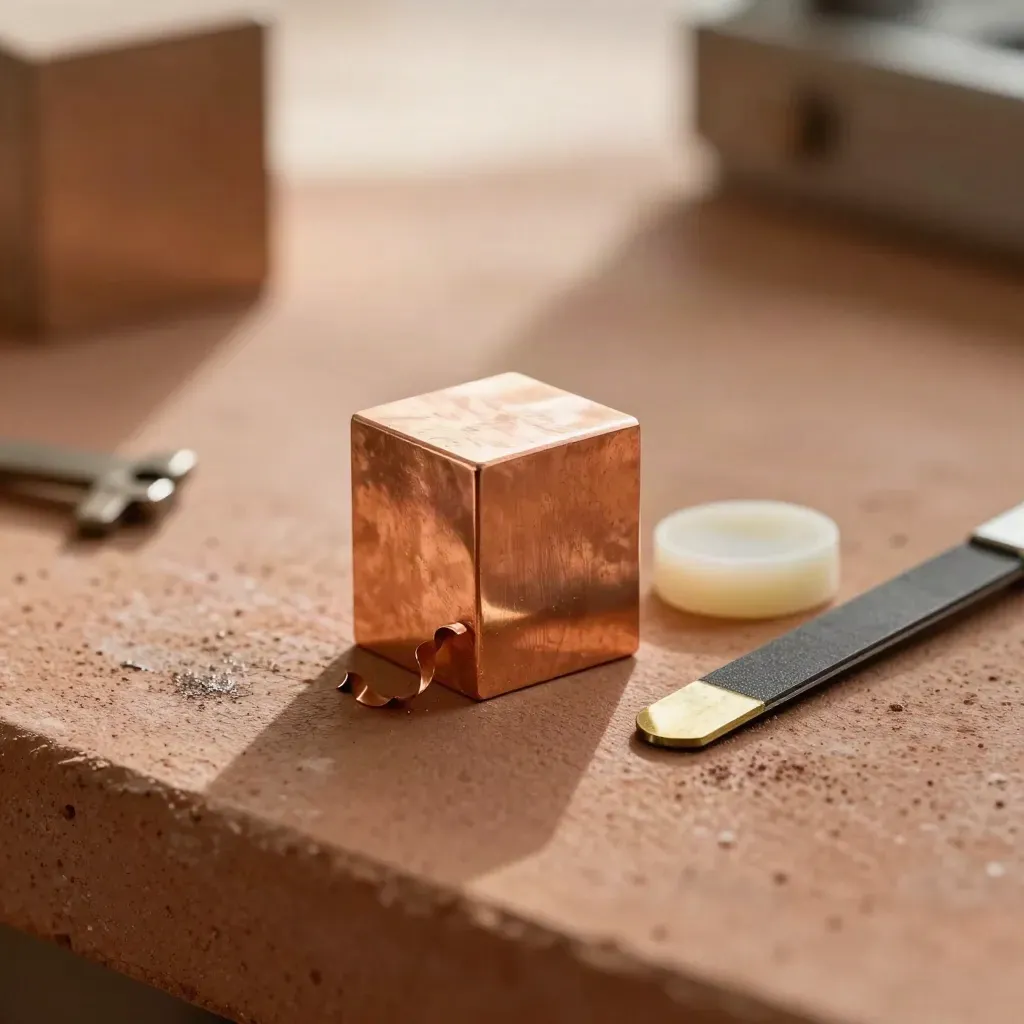 Bloc cuivre pour bijoux avec chutes, cire vierge et lame abrasive sur fond terracotta.