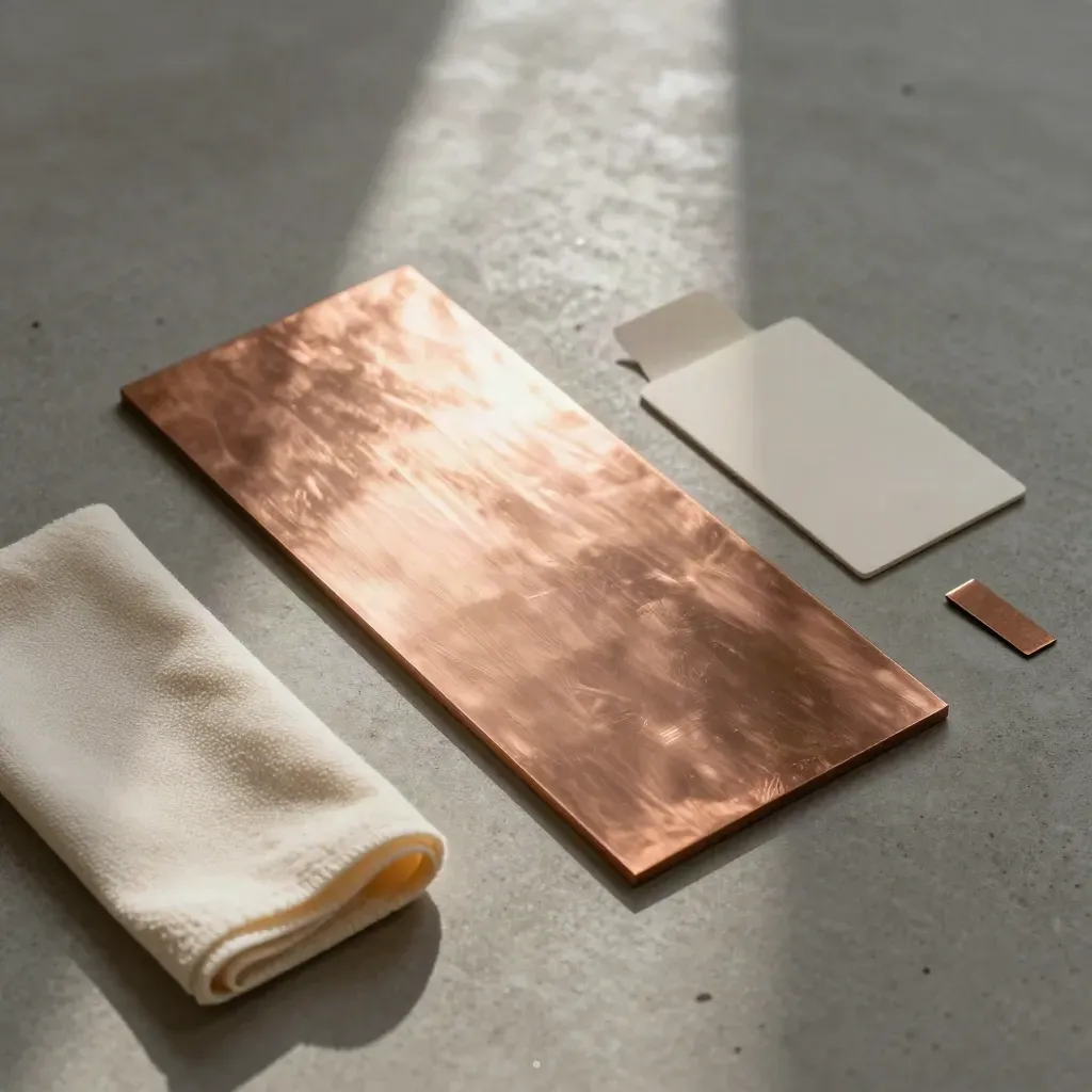 Plaque de cuivre légèrement cintrée avec chiffon ivoire et carte crème sur béton clair.