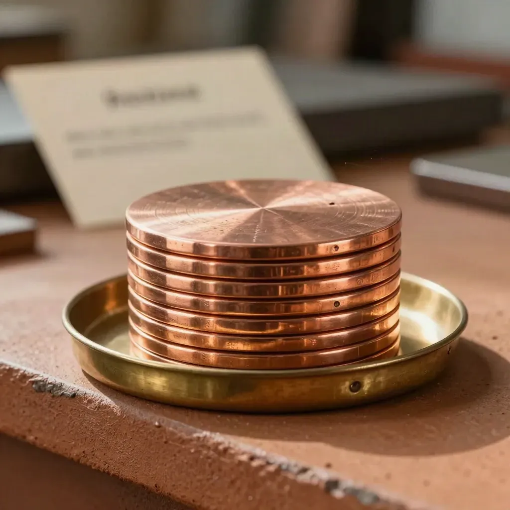 Pile compacte de 10 ronds en cuivre sur fond terracotta, avec un petit disque témoin.