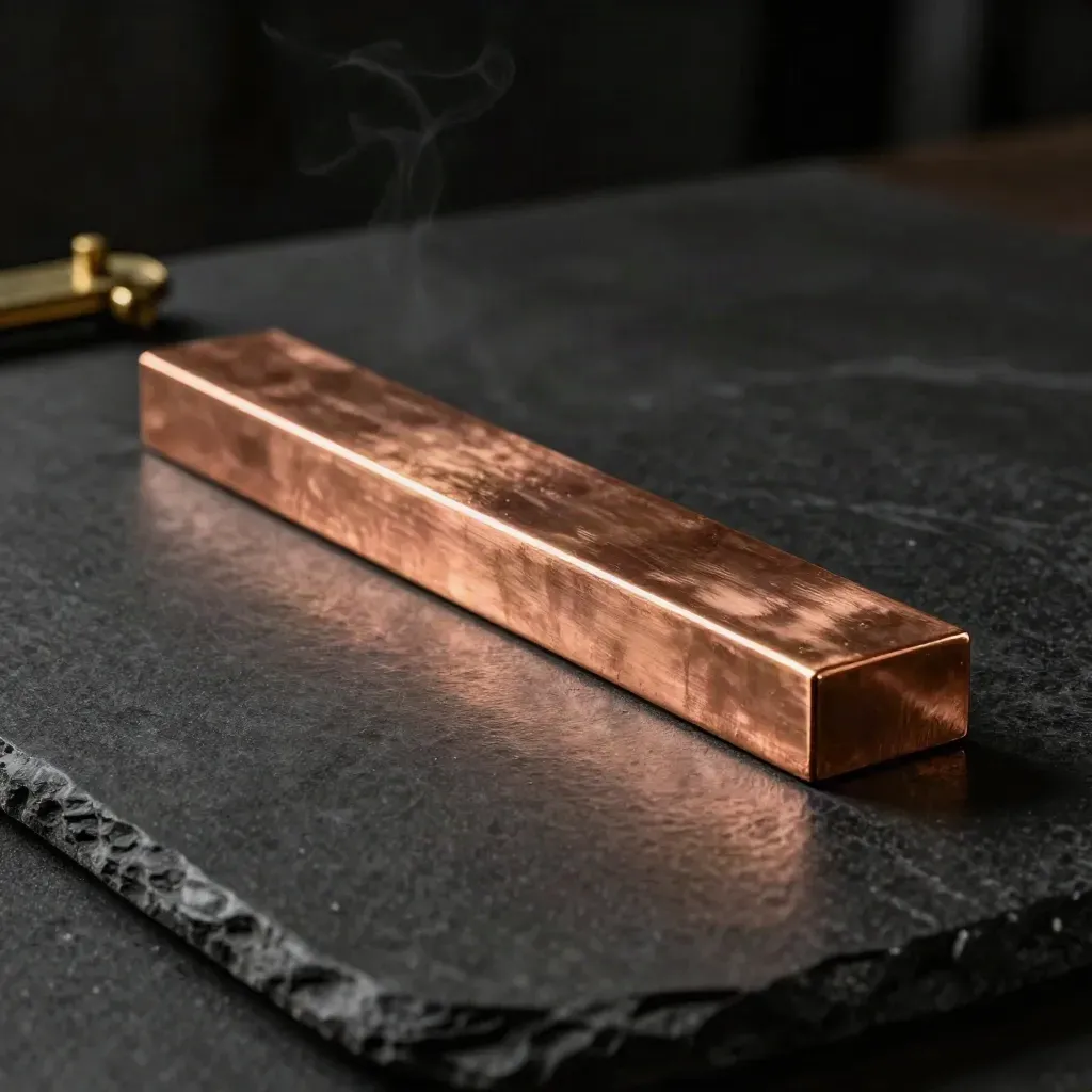 Barre de cuivre plate avec chute sur fond noir, lumière dramatique.