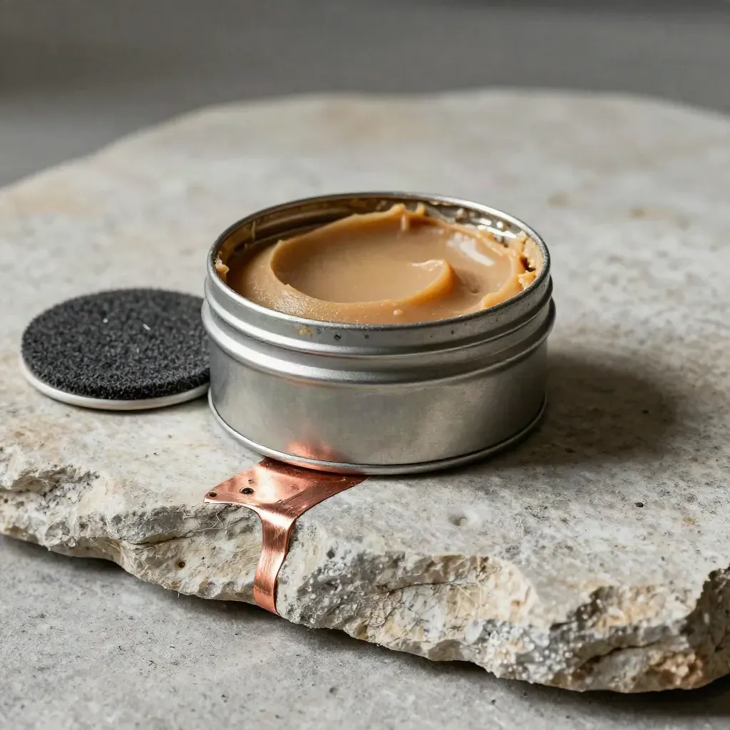 Kit de pâte à polir sur pierre, disque feutré et traces brillantes de cuivre.