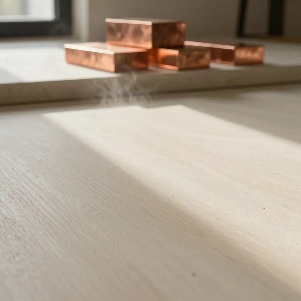 Surface de bois blond et pierre claire, blocs de cuivre flous en haut, lumière douce du matin.