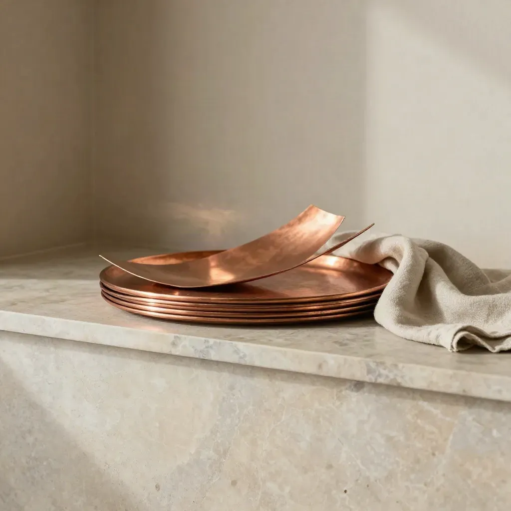 Plaques et feuilles de cuivre recuit sur marbre chaud, coin de feuille soulevé par l’air.