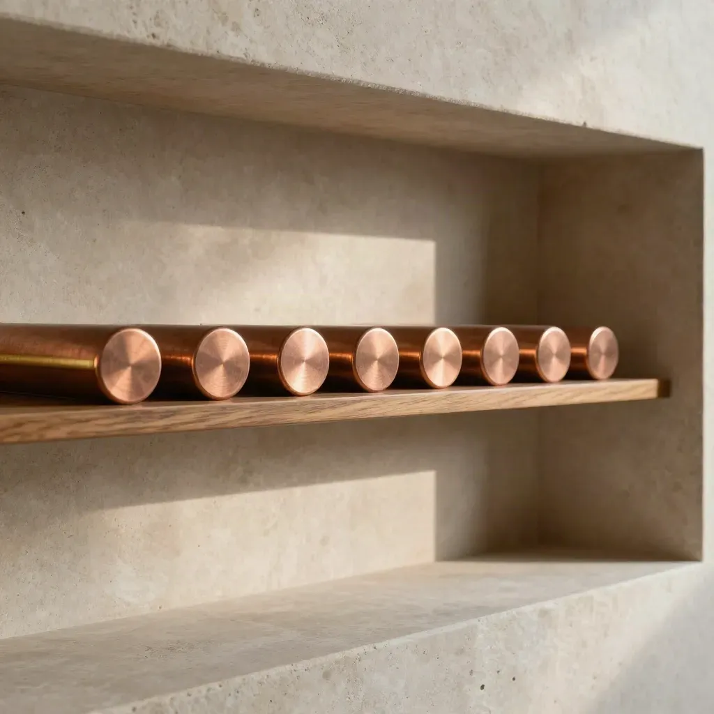 Niche en pierre avec barres rondes de cuivre sur tablette de chêne, lumière chaude.