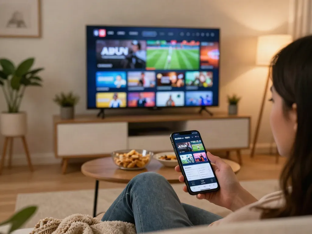 Vue d'un utilisateur se relaxant avec Atlas pro ontv, smartphone à la main, regardant des chaînes en direct dans un salon confortable.