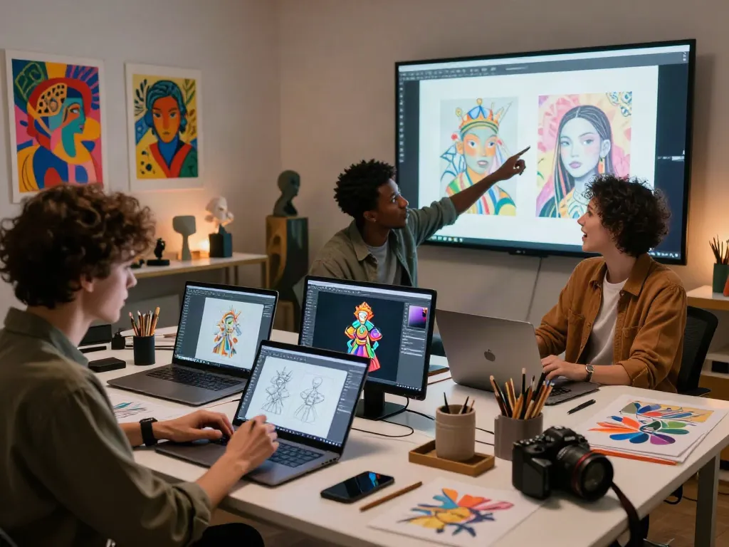 AI NSFW artists collaborating in modern studio creating vibrant artwork.