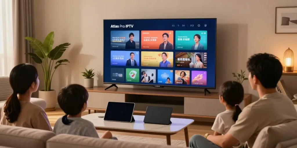 Configuration moderne avec Atlas Pro IPTV sur grand écran, famille profitant du divertissement.